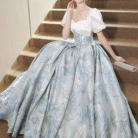 White and Blue Printed Pattern Long A-Line Prom Party Dress - Thumbnail 2