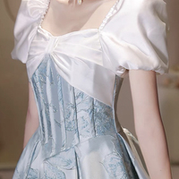 White and Blue Printed Pattern Long A-Line Prom Party Dress - Thumbnail 6