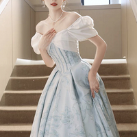 White and Blue Printed Pattern Long A-Line Prom Party Dress - Thumbnail 7