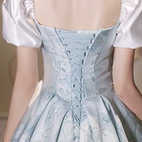 White and Blue Printed Pattern Long A-Line Prom Party Dress - Thumbnail 8