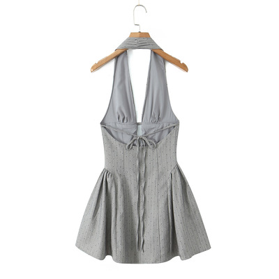 Retro sexy deep v neck slim backless halter dress
