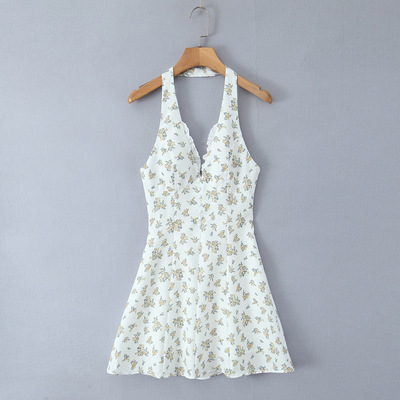 Vintage flora print lace halter dress