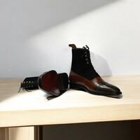 Elegant Handmade Brown Leather & Black Suede Cap Toe Ankle Boots - Thumbnail 3