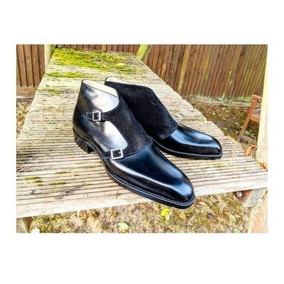 Handmade men black calf/suede leather chukka monk strap boot - Thumbnail 1