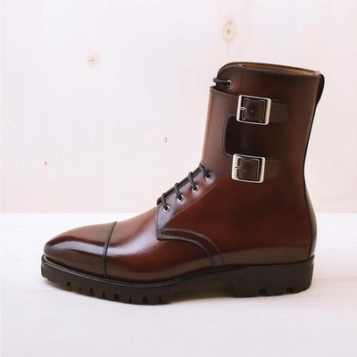 Handmade men burgundy calf leather double buckle jodhpur ankle high boot