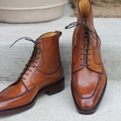 Handmade men brown grain leather ankle high lace up dress boot - Thumbnail 3
