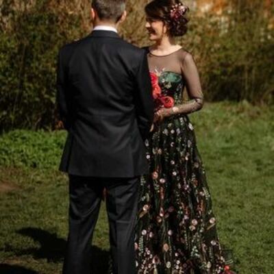 Black flowers floral wedding dress bridal gown wedding gown