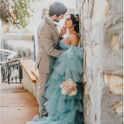 Blue ball gown tiered light blue wedding dress bridal gown wedding gown