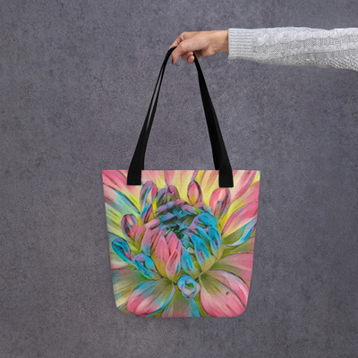 Vibrant dahlia bloom tote bag  colorful floral art, nature-inspired all-over print bag