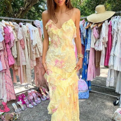 Elegant yellow layered tulle backless slim evening dresses