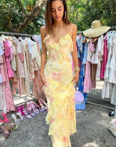 Elegant Yellow Layered Tulle Backless Slim Evening Dresses