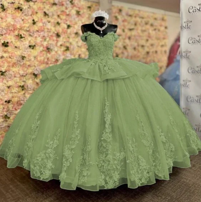 Ball Gown Off Shoulder Green Tulle Sweet 16 Prom Dresses