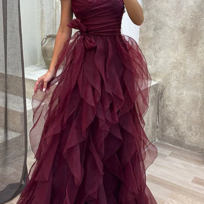 Off shoulder burgundy tulle tiered ruffle evening dresses