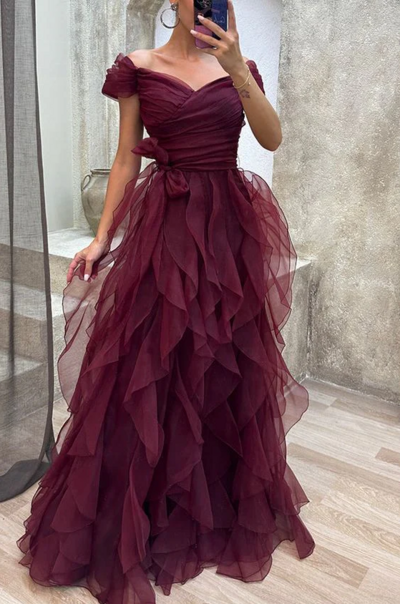 Off Shoulder Burgundy Tulle Tiered Ruffle Evening Dresses