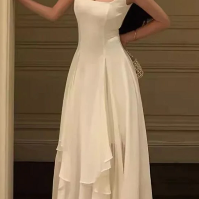 Fashion a line square neck ankle length chiffon prom dresses