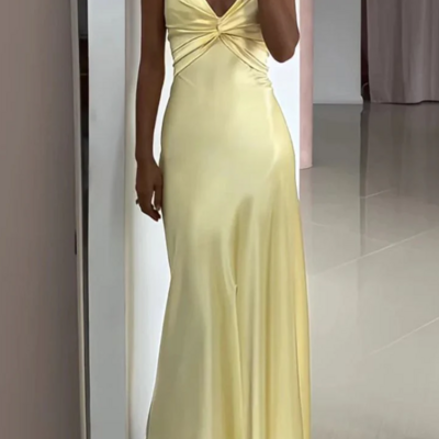 Fashion v-neck spaghetti straps yellow long satin evening dresses