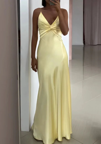 Fashion V-neck Spaghetti Straps Yellow Long Satin Evening Dresses