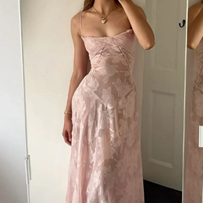Elegant spaghetti strap pink lace prom dresses