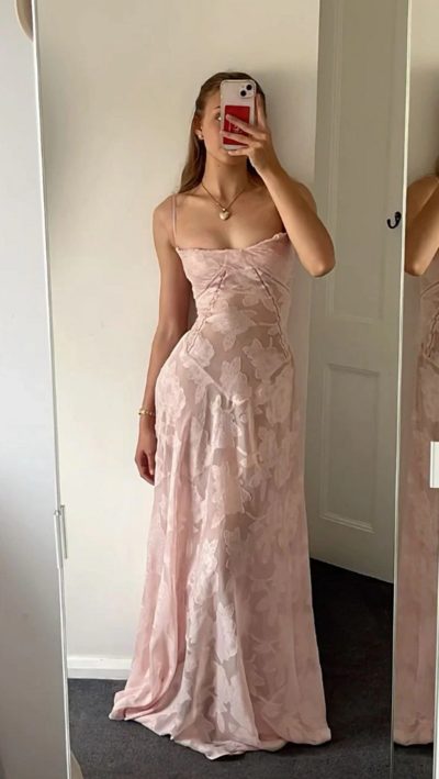 Elegant Spaghetti Strap Pink Lace Prom Dresses