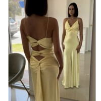 Fashion V-neck Spaghetti Straps Yellow Long Satin Evening Dresses - Thumbnail 1