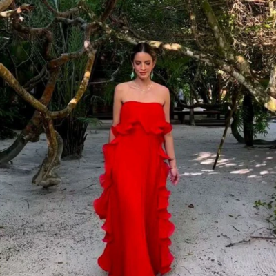 A line red/yellow ruffled chiffon evening dresses