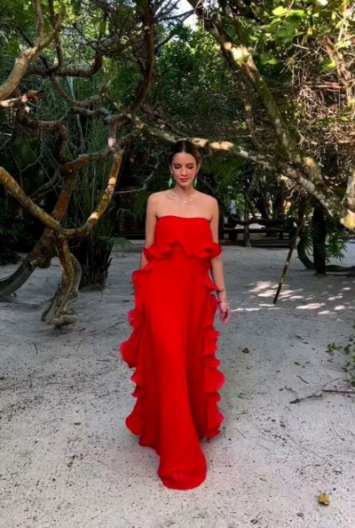 A Line Red/Yellow Ruffled Chiffon Evening Dresses