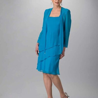 Elegant blue sheath with jacket tea-length mother of the bride/groom dress evening formal prom dress