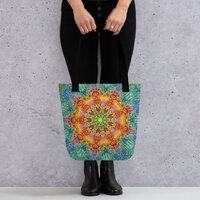 Radiant Mandala Energy Tote Bag  Psychedelic Kaleidoscope Art, Vibrant & Colorful Statement Bag - Thumbnail 3