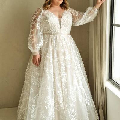 Plus size ball gown lace long sleeve wedding dress bridal gown wedding gown