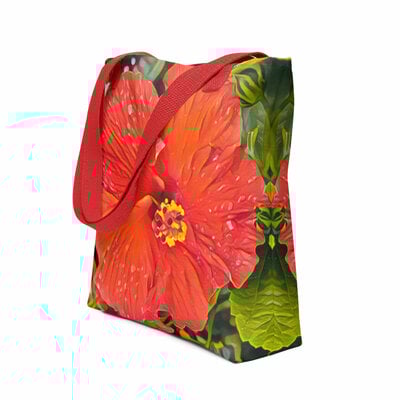 Bold cayena blossom tote bag  vibrant hibiscus floral art, tropical-inspired statement bag