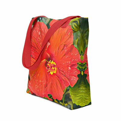 Bold Cayena Blossom Tote Bag  Vibrant Hibiscus Floral Art, Tropical-Inspired Statement Bag