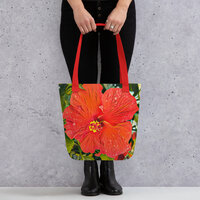 Bold Cayena Blossom Tote Bag  Vibrant Hibiscus Floral Art, Tropical-Inspired Statement Bag - Thumbnail 1