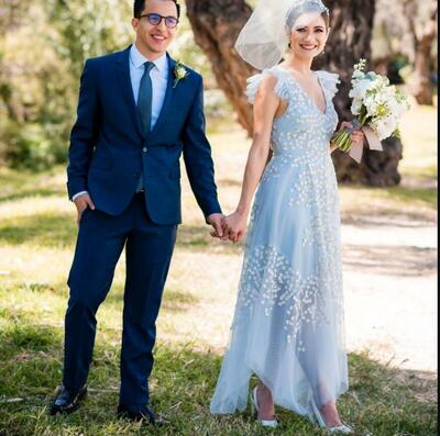 Blue A Line Light Blue White Appliques Wedding Dress Bridal Gown Wedding Gown