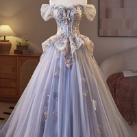 Light Purple Tulle Floral Long A-Line Prom Party Dress - Thumbnail 1