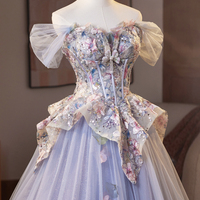 Light Purple Tulle Floral Long A-Line Prom Party Dress - Thumbnail 3