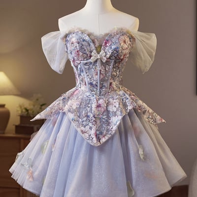 Light purple tulle floral short a-line prom party dress - Thumbnail 1