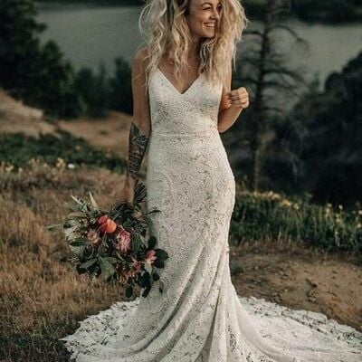 Simple sheath lace beach boho wedding dress bridal gown wedding gown