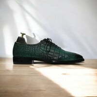 Handmade Men's Sea Green Whole Cut Alligator Texture Oxford Shoes  - Thumbnail 2