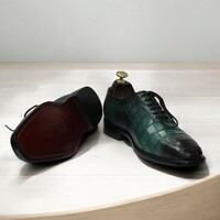 Handmade Men's Sea Green Whole Cut Alligator Texture Oxford Shoes  - Thumbnail 4