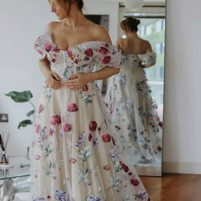 Cream colored wedding dress, floral wedding gown bridal dress