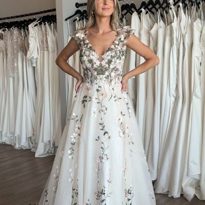 A-line v-neck wedding dress, floral flowers wedding gown bridal dress