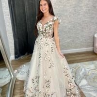 A-line V-neck Wedding Dress, Floral Flowers Wedding Gown Bridal Dress - Thumbnail 1