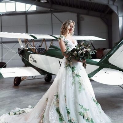  a-line v-neck wedding dress, floral flowers wedding gown bridal dress