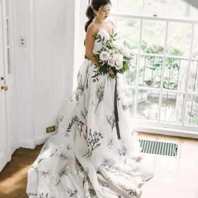 Garden leaves appliqued wedding gown wedding dress, satin wedding gown bridal dress