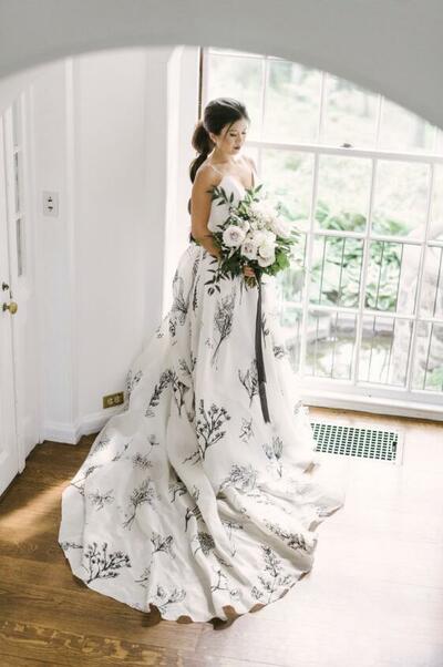 Garden Leaves Appliqued Wedding Gown Wedding Dress, Satin Wedding Gown Bridal Dress