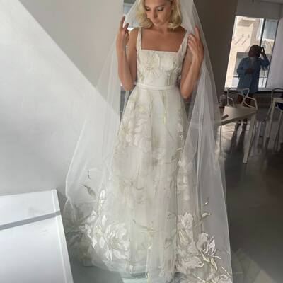 A-line floral wedding gown wedding dress, tulle wedding gown bridal dress