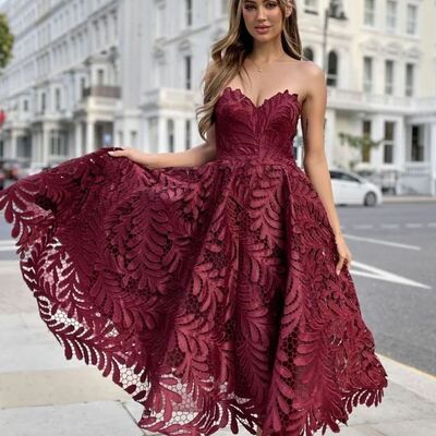 Burgundy a line lace tea-length prom dress party gown evening dress