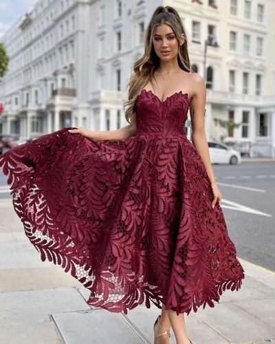 Burgundy A Line Lace Tea-length Prom Dress Party Gown Evening Dress