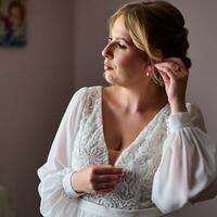 Plus Size Deep V-neck Wedding Gown Wedding Dress, Side Split Chiffon Wedding Gown Bridal Dress - Thumbnail 1