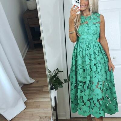 Green a line lace tea-length prom dress party gown evening dress - Thumbnail 2